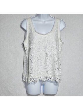 (A1349) Banana Republic Women's Tank Top Frayed Scalloped Lace Tank White Keyhol